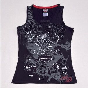 Harley-Davidson graphic tank top with logo, sequins and rhinestones.